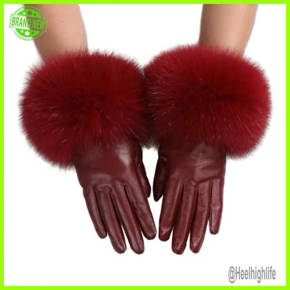 Genuine Lambskin Leather Gloves with Fox Fur Trim, Velvet Lined, Winter Driving